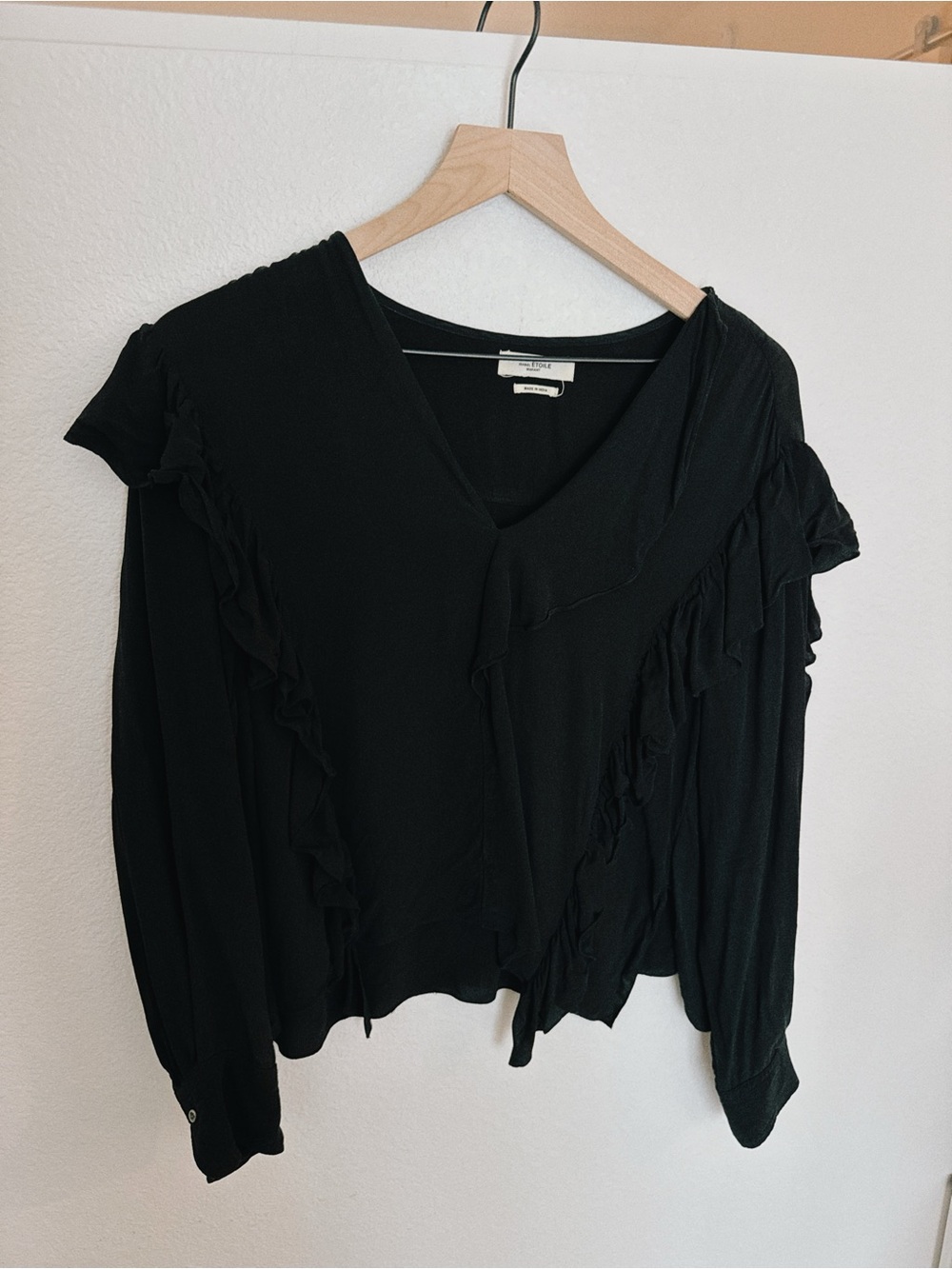 Etoile Isabel Marant Black Ruffle V-Neck Long Sleeve Blouse FR36